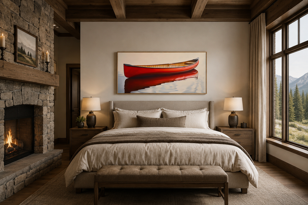 Framed canvas print of a red canoe on water hanging above a bed in a rustic cabin bedroom.