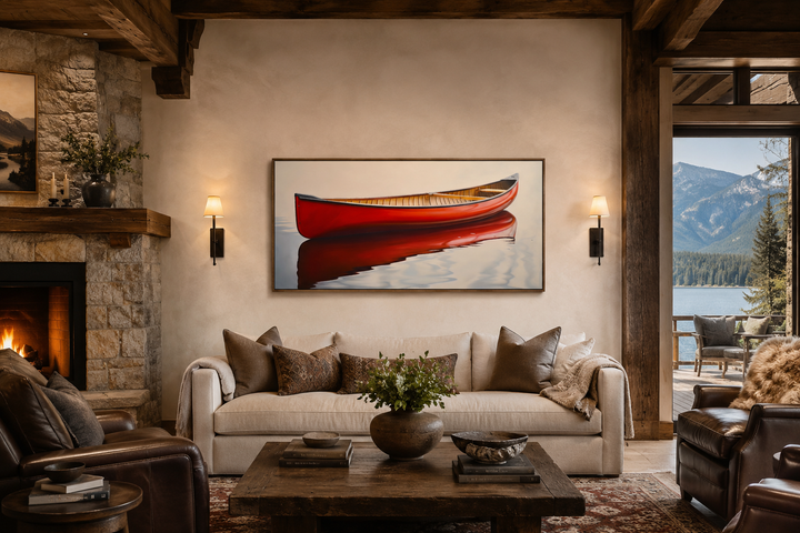 Framed canvas wall art of a red canoe on water, hanging in a rustic living room above a sofa.