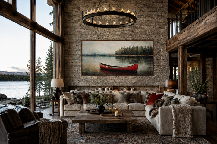 Rustic red canoe in the lake framed canvas wall art hanging in a cozy lake house living room.