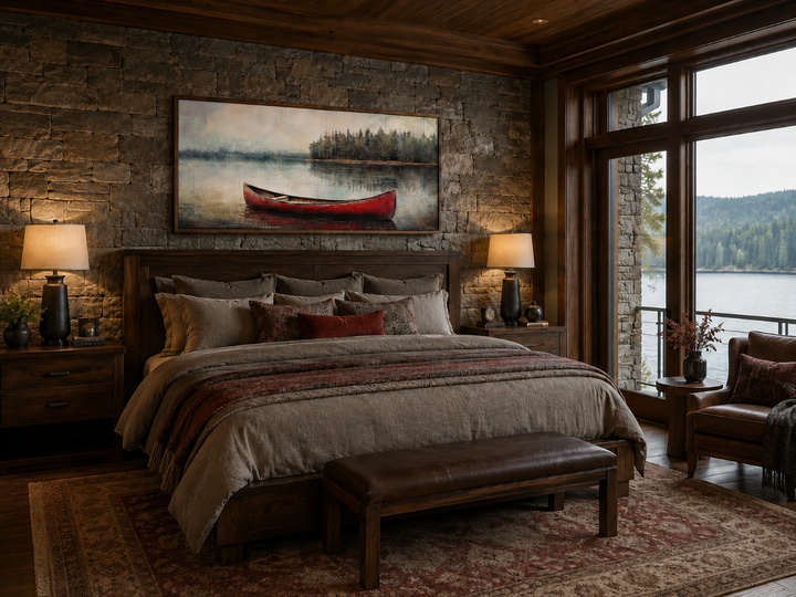 Rustic red canoe in the lake framed canvas wall art hanging above a bed in a lake house bedroom.