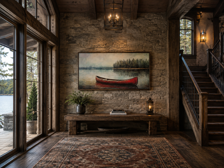Rustic red canoe in the lake framed canvas wall art hanging in a cabin entryway above a wood bench.