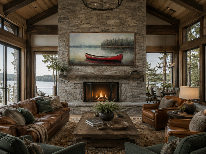 Rustic framed canvas wall art of a red canoe on a calm lake above a stone fireplace in a cabin.