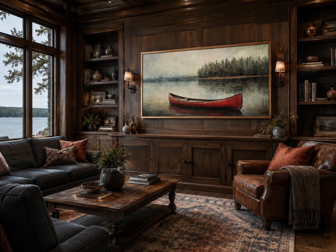 Rustic red canoe in the lake framed canvas wall art displayed in a wood-paneled living room.