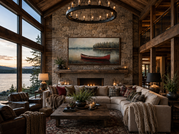 Rustic red canoe in the lake framed canvas wall art hanging above a stone fireplace in a lake house.