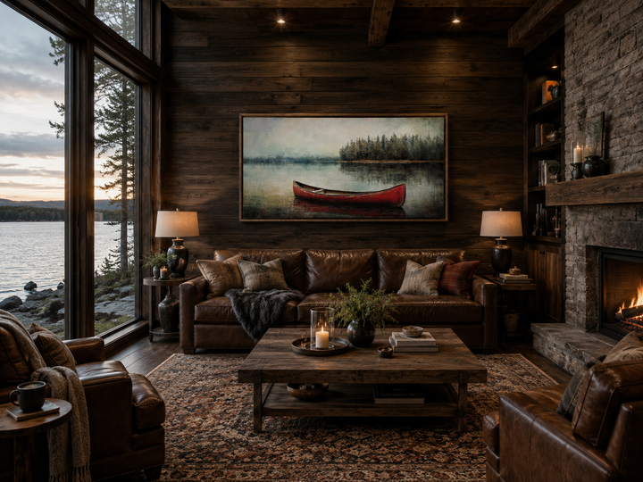 Rustic framed canvas wall art featuring a red canoe on a calm lake in a cozy wood-paneled room.