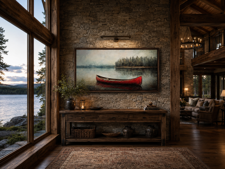 Rustic red canoe framed canvas wall art displayed on a stone wall above a wooden console table.