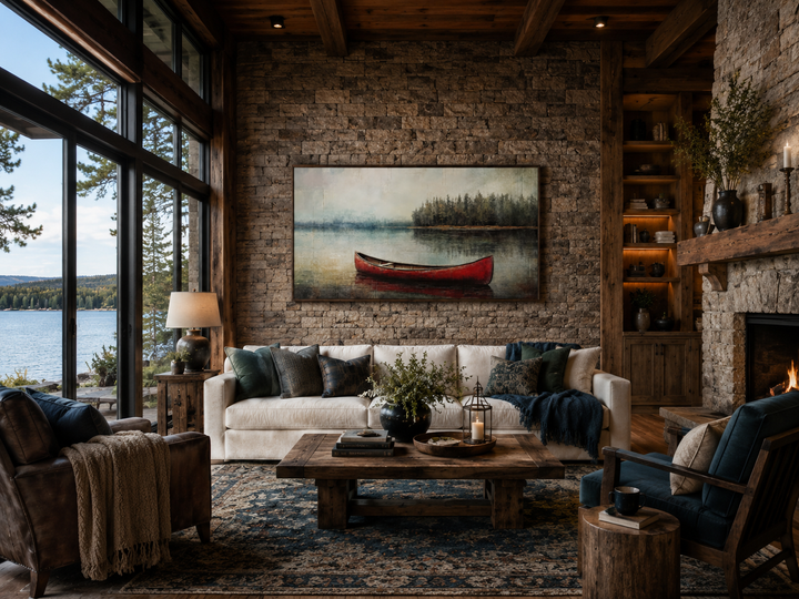 Rustic framed canvas wall art of a red canoe on a calm lake, hanging in a stone-walled living room.