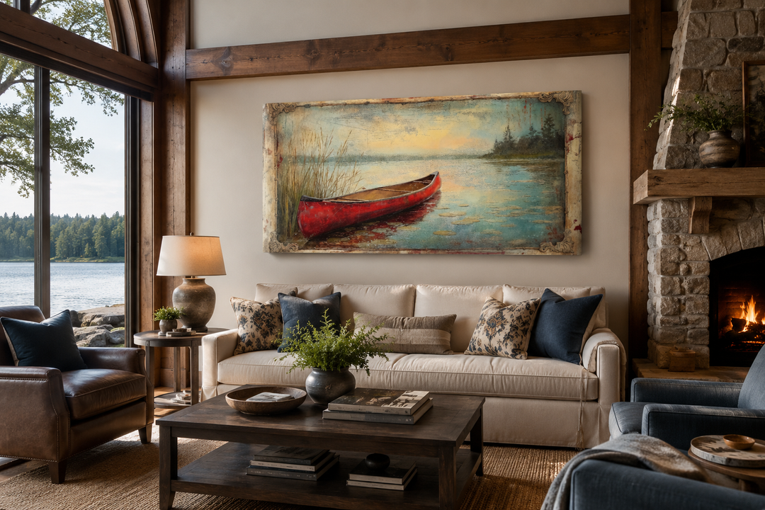 Vintage red canoe painting in a rustic frame hanging above a sofa in a cozy cabin living room.