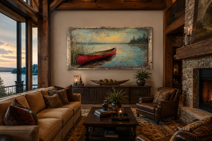 Vintage red canoe painting in a decorative frame hanging in a rustic cabin living room.