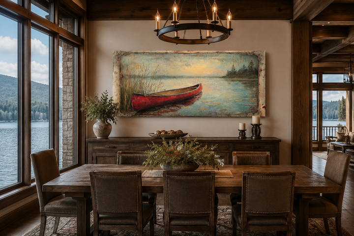 Vintage red canoe lake painting in a rustic frame above a dining table in a cabin-style room.