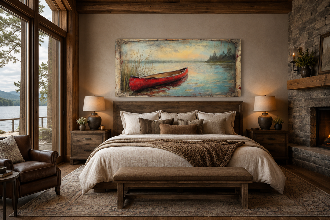 Vintage red canoe lake painting in a rustic frame above a bed in a cabin-style bedroom.