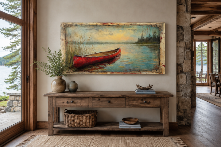Vintage red canoe painting in a rustic frame above a wooden console table in a cabin setting.