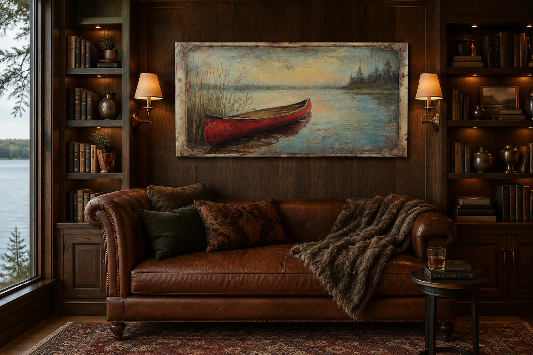 Vintage red canoe lake painting in a rustic frame hanging above a leather sofa in a cabin setting.