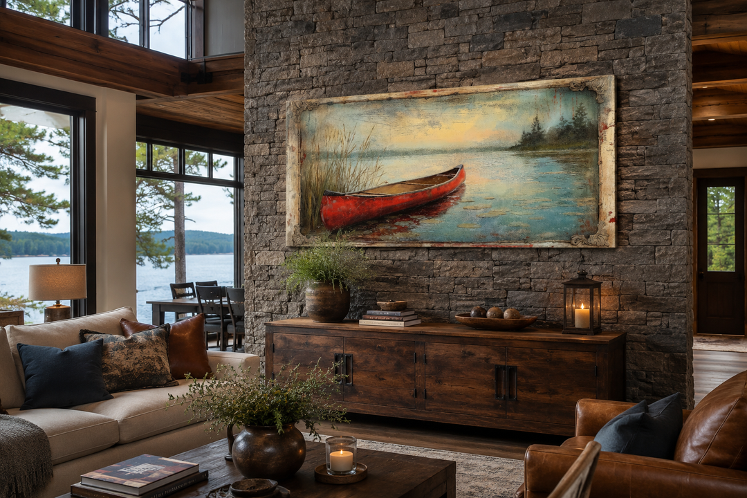 Vintage red canoe painting in a rustic frame hanging on a stone wall in a cabin living room.