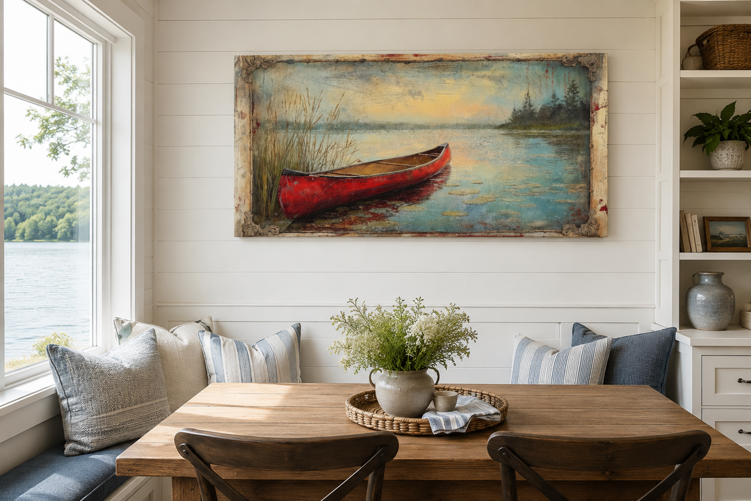 Vintage red canoe painting in a rustic frame hanging above a wooden dining table in a cabin.