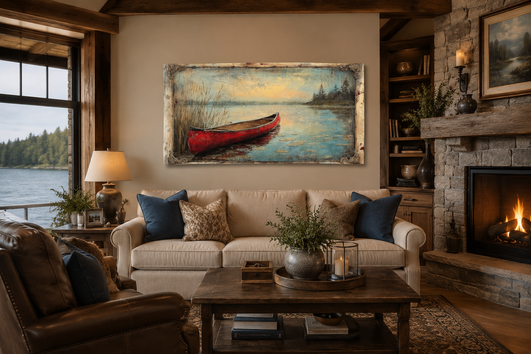 Vintage red canoe lake painting in a rustic frame hanging above a sofa in a cozy cabin living room.