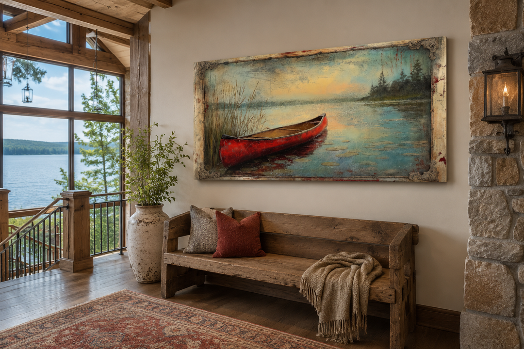 Vintage red canoe lake painting in a rustic frame above a wooden bench in a cabin entryway.