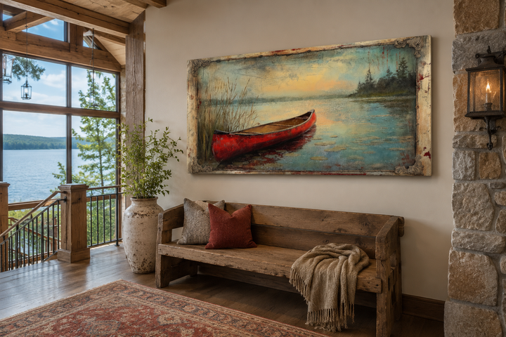 Vintage red canoe lake painting in a rustic frame above a wooden bench in a cabin entryway.