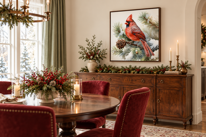 Red Cardinal on Fir Tree Branch In Snow Framed Canvas Wall Art