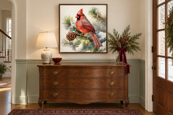 Red Cardinal on Fir Tree Branch In Snow Framed Canvas Wall Art