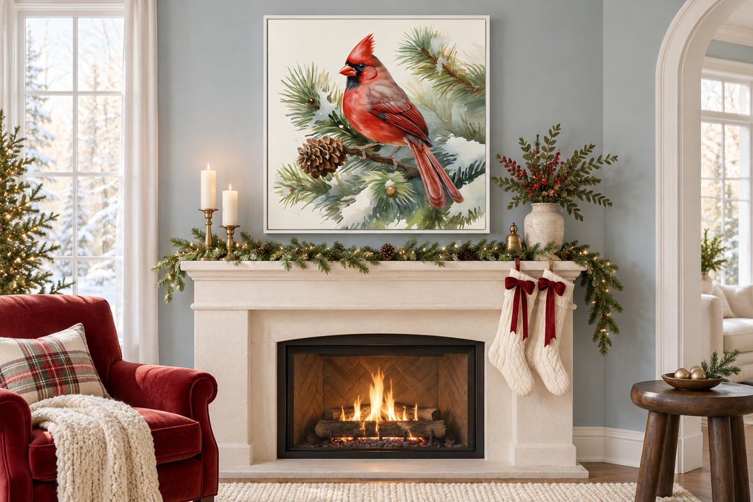 Red Cardinal on Fir Tree Branch In Snow Framed Canvas Wall Art