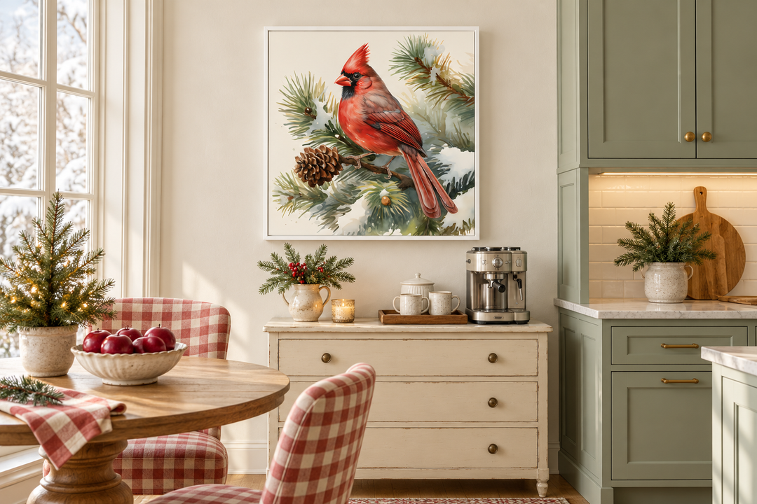 Red Cardinal on Fir Tree Branch In Snow Framed Canvas Wall Art