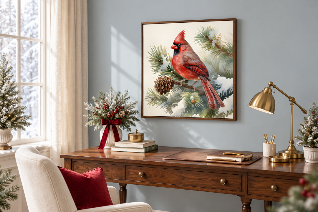 Red Cardinal on Fir Tree Branch In Snow Framed Canvas Wall Art