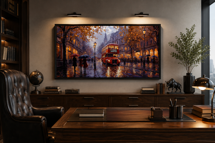 Framed canvas art of a red double-decker bus on a rainy London street, displayed in a home office.