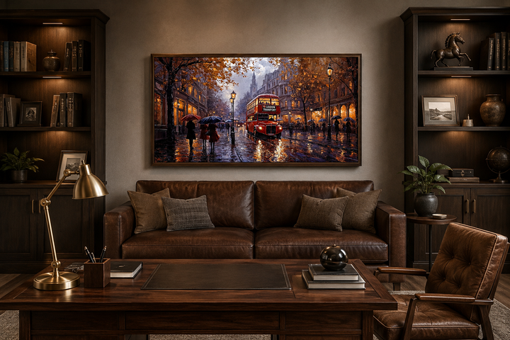 Framed canvas wall art of a red double decker bus in rainy London above a brown leather sofa.