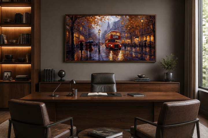 Framed canvas wall art of a red double-decker bus in rainy London, hung in a modern office.