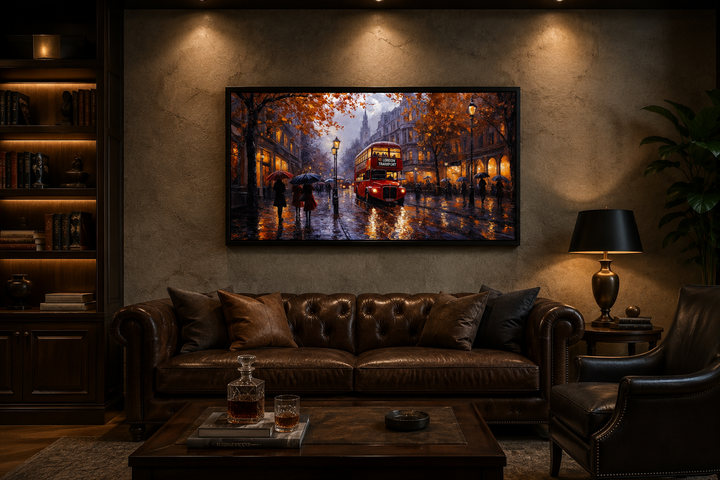 Framed canvas art of a red double-decker bus on a rainy London street above a brown leather sofa.