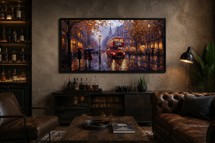 Framed canvas art of a red double-decker bus on a rainy London street in a moody office setting.