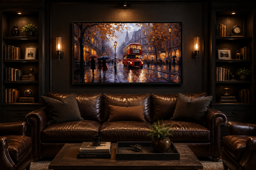 Framed canvas art of a red double-decker bus on a rainy London street above a brown leather sofa.