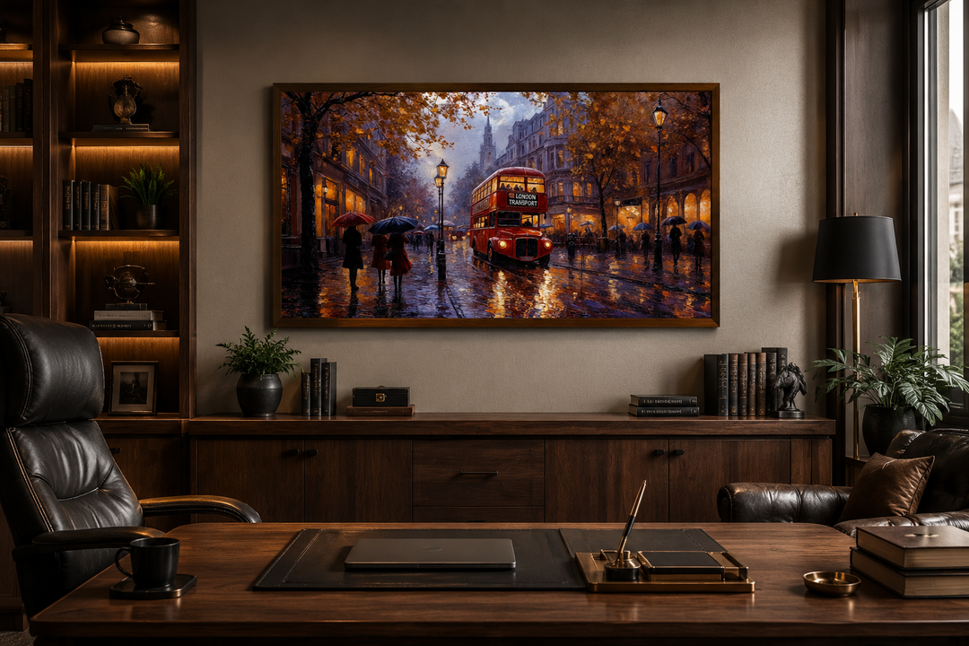 Framed canvas wall art of a red double decker bus in rainy London, hung in a dark wood office.