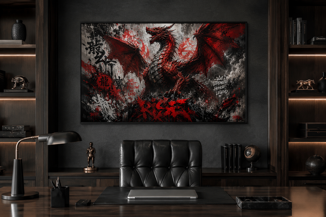 Red dragon graffiti framed canvas wall art hanging in a dark, modern office above a desk.