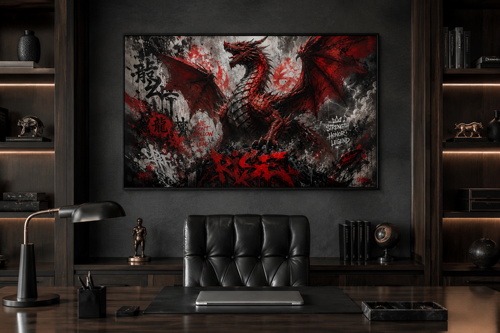 Red dragon graffiti framed canvas wall art hanging in a dark, modern office above a desk.