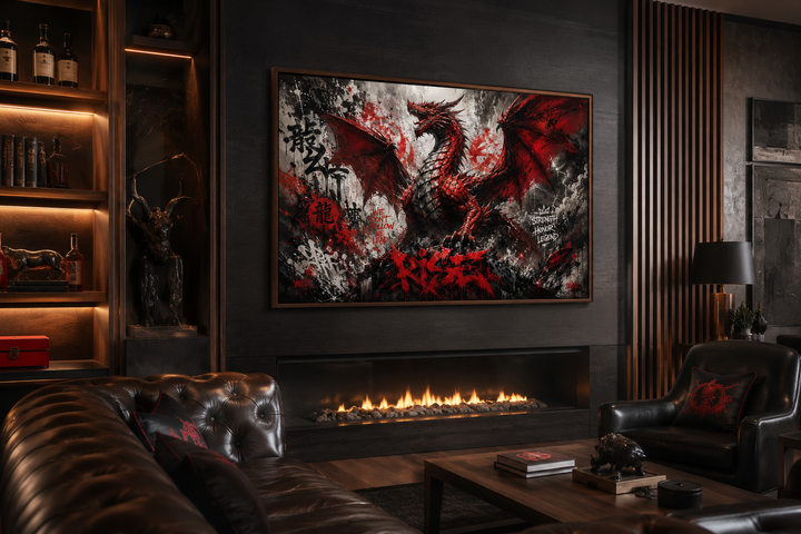 Red dragon graffiti framed canvas wall art above a fireplace in a dark, modern living room.