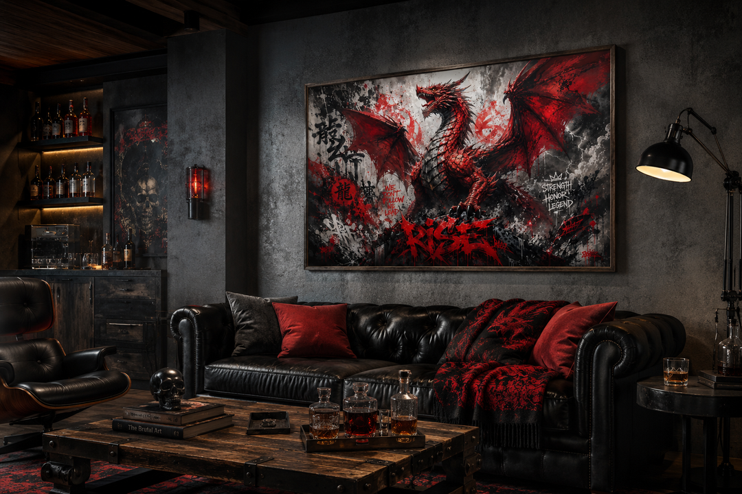 Red dragon graffiti framed canvas wall art above a black leather sofa in a dark, moody room.