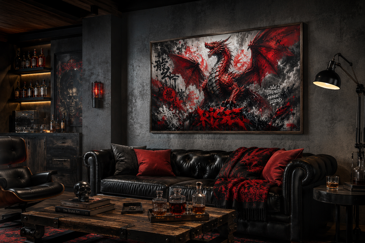 Red dragon graffiti framed canvas wall art above a black leather sofa in a dark, moody room.