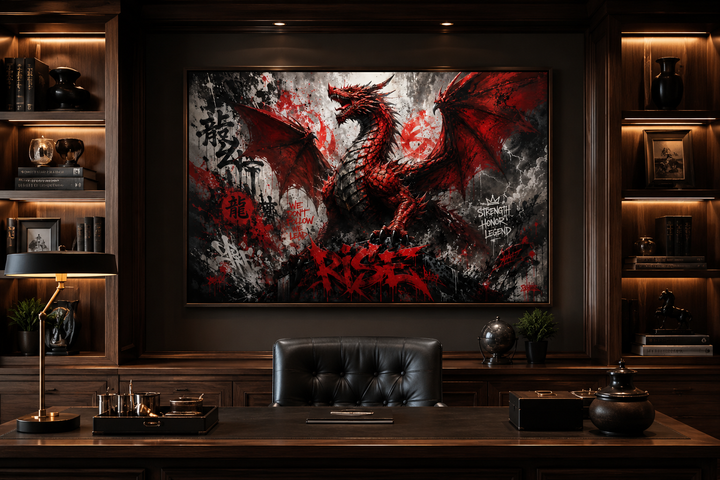 Red dragon graffiti framed canvas wall art hanging in a dark wood-paneled office above a desk.