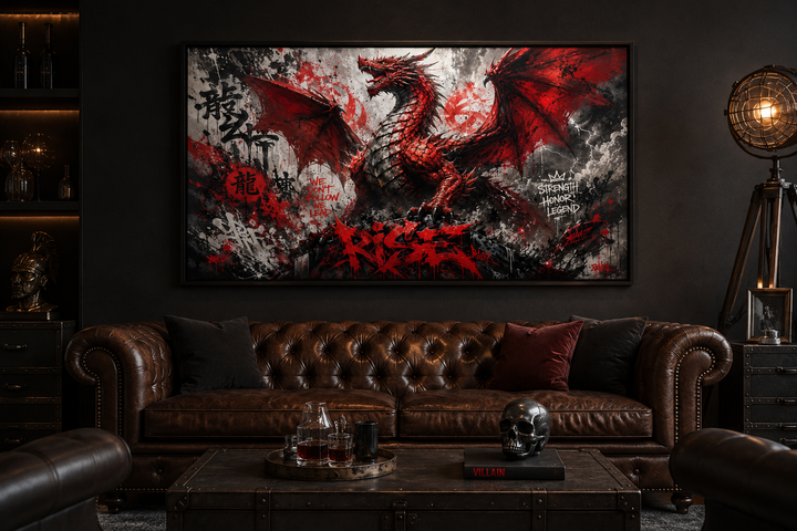 Red dragon graffiti framed canvas wall art above a leather sofa in a dark, masculine room.