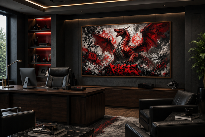Red dragon graffiti framed canvas art with 'Rise' text in a dark, modern office setting.