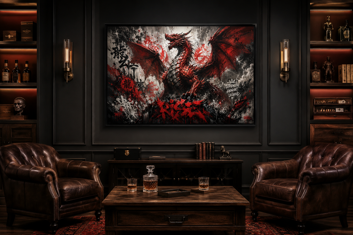 Red dragon graffiti framed canvas wall art in a dark office with leather chairs and a coffee table.