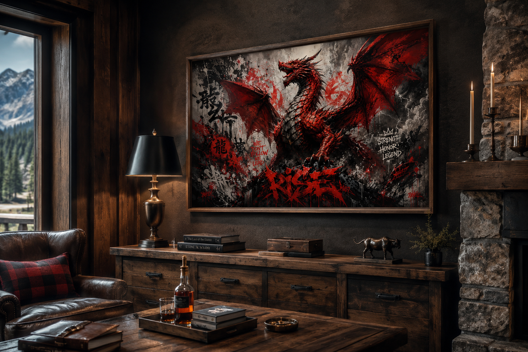 Red dragon graffiti framed canvas wall art in a dark wood office with leather chair and fireplace.