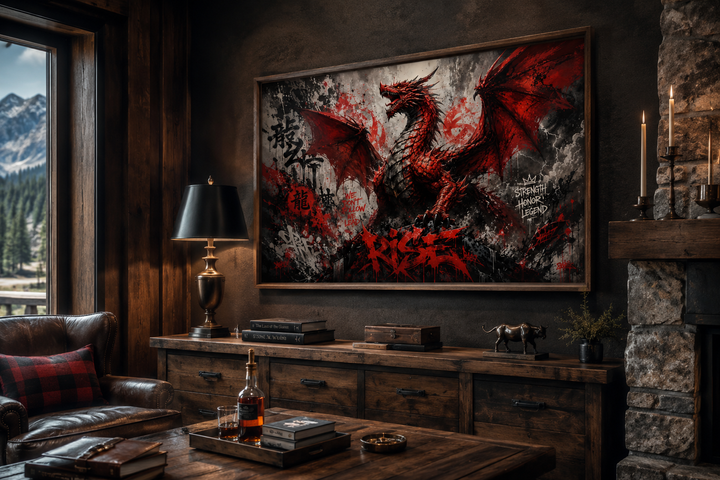 Red dragon graffiti framed canvas wall art in a dark wood office with leather chair and fireplace.