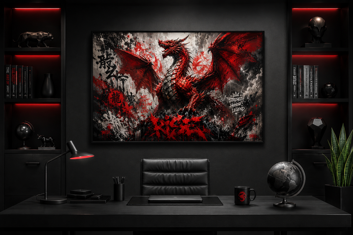 Red dragon graffiti framed canvas wall art in a dark, modern office setting above a black desk.
