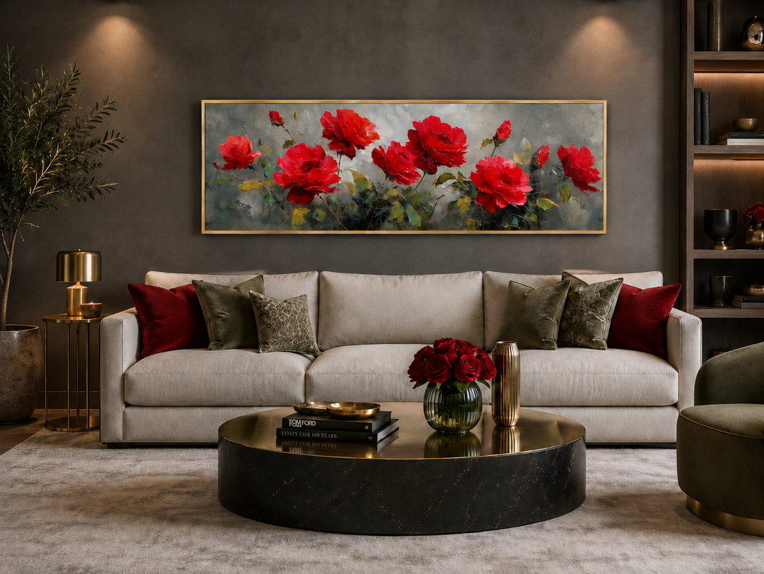 Red and grey horizontal roses framed canvas wall art hanging above a sofa in a modern living room.