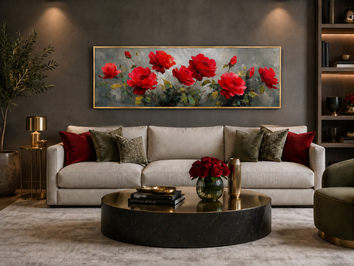 Red and grey horizontal roses framed canvas wall art hanging above a sofa in a modern living room.