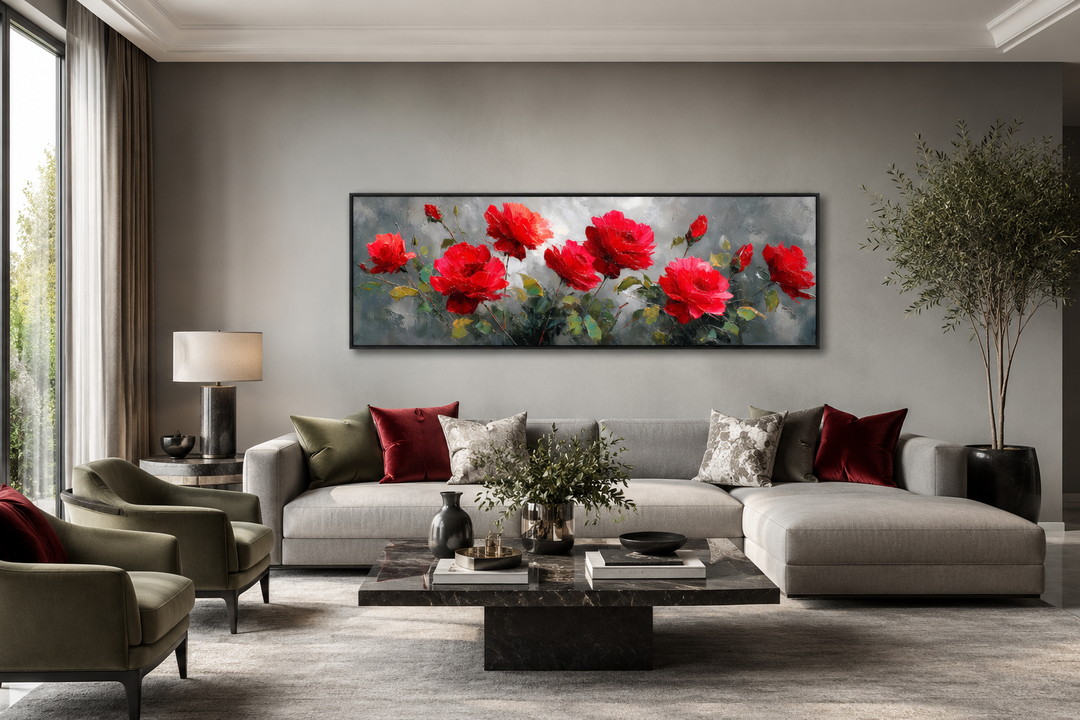 Red Grey Horizontal Roses Framed Canvas Wall Art above a grey sofa in a modern living room.