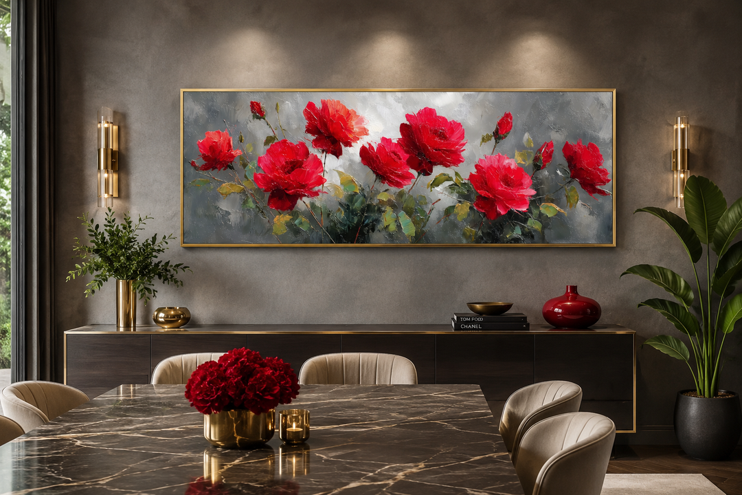 Red and grey horizontal roses framed canvas wall art above a sideboard in a modern dining room.
